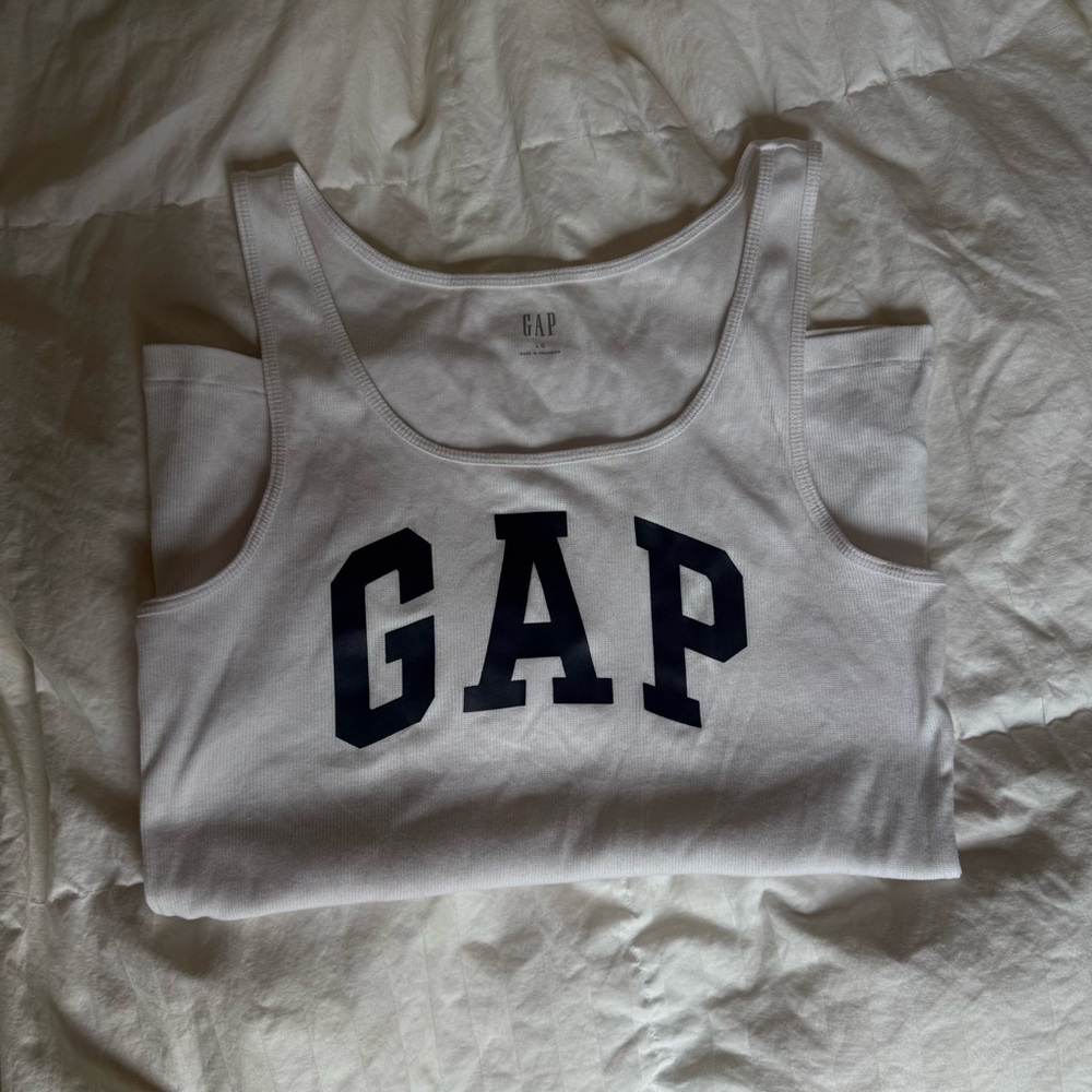 GAP Women's White Tank with Navy Logo Print